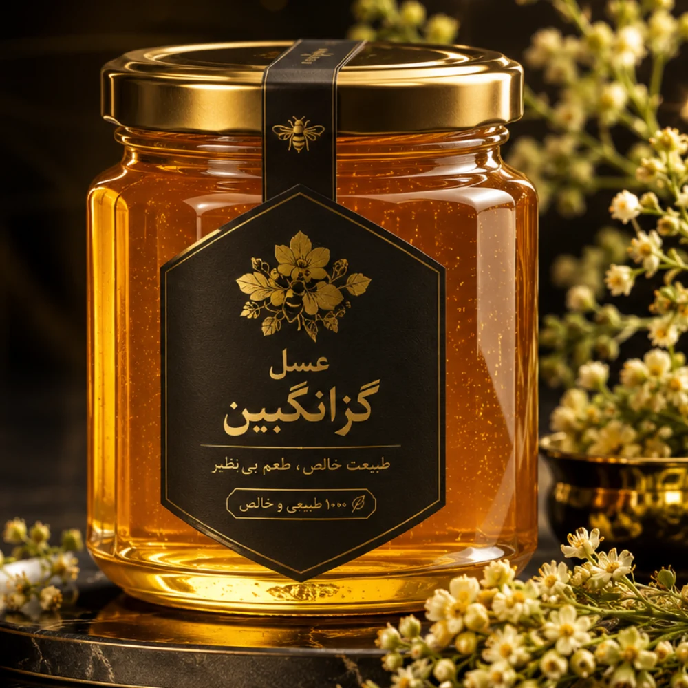 شیشه عسل گز انگبین در فضای گرم و طلایی